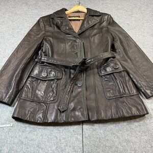 Adler Jacket Womens Large Black Lined Genuine Leather Notch Long Sleeve Belted